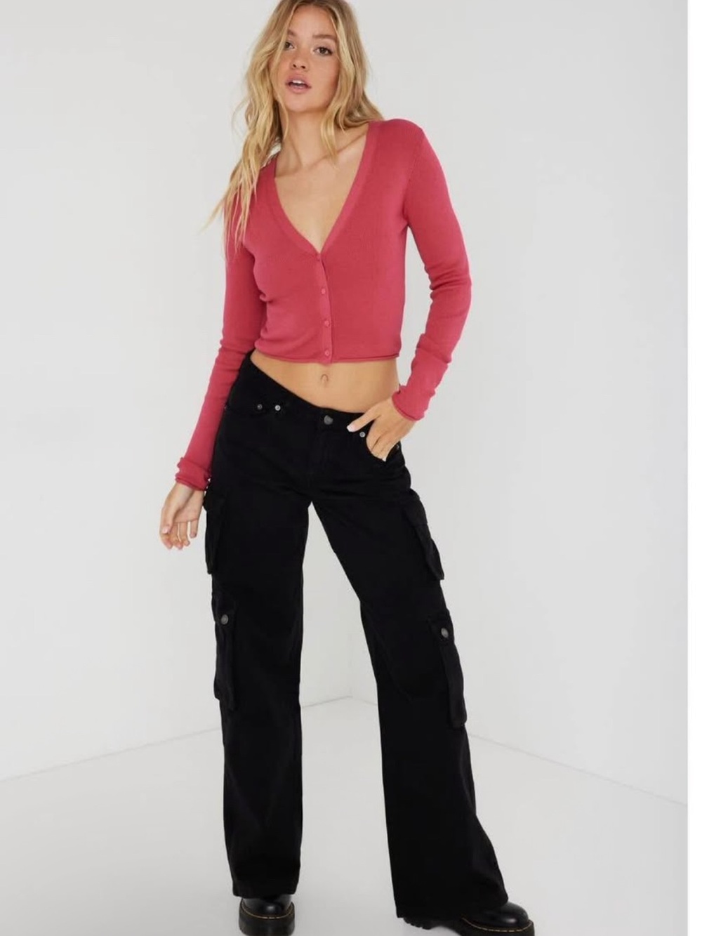 Garage Pink Cropped Button-Up V-Neck Cardigan